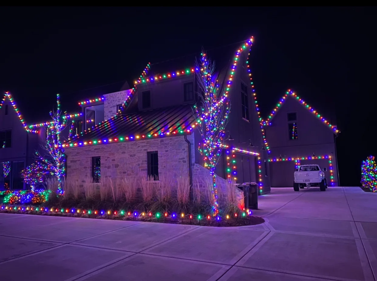 West Michigan home with a professionally installed holiday lighting display