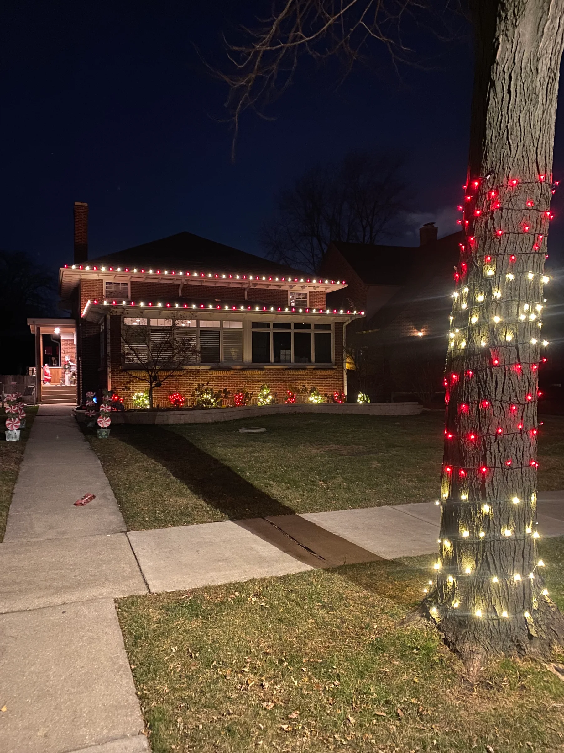 House and landscaping illuminated for the Christmas season