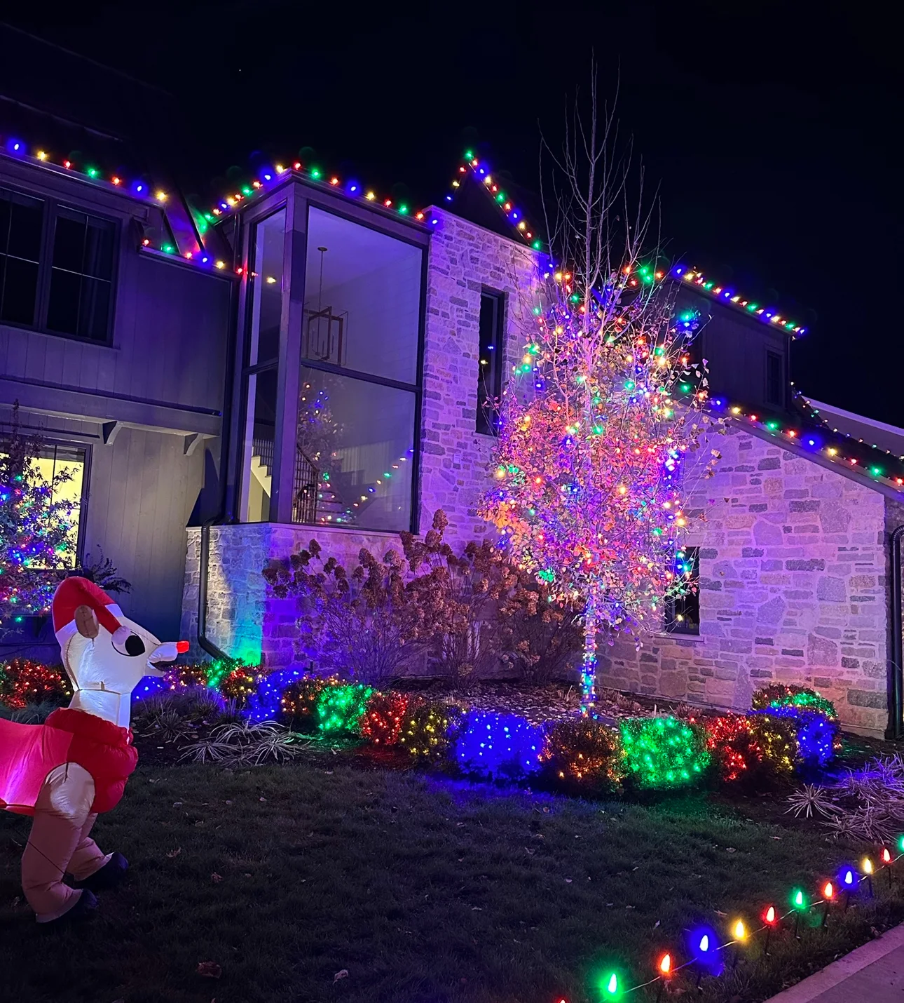 Broad custom display with green, red, and white architectural lighting