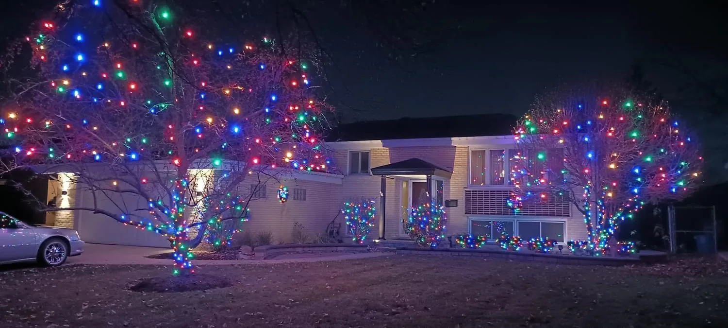Wide residential property with colorful roofline, tree, and driveway lighting