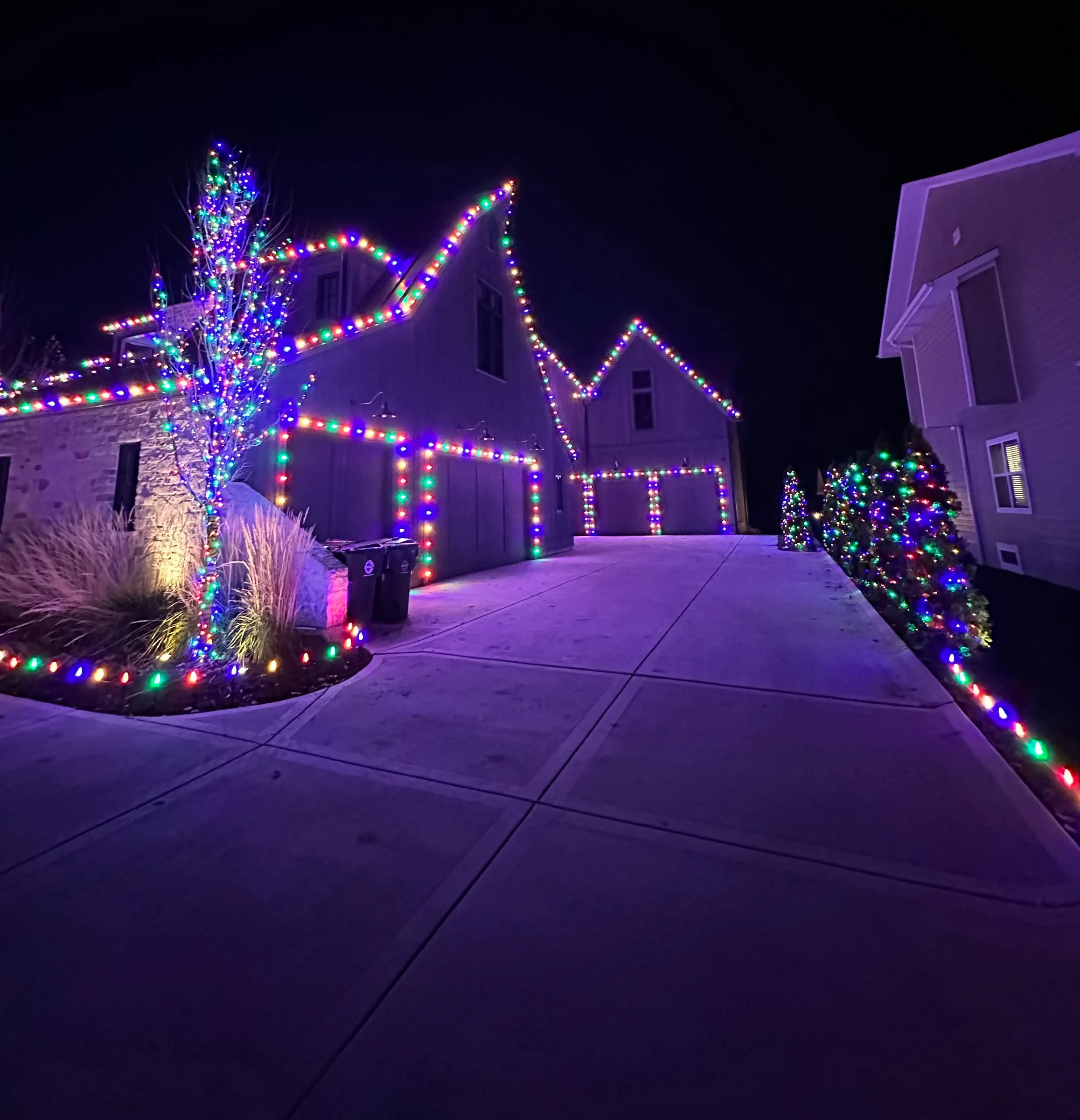 Colorful lighting tracing roof peaks, garage doors, trees, and shrubs